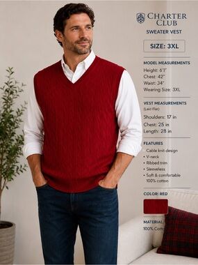 Club Room 3XL Red Cable Knit V-Neck Sweater Vest 100% Cotton Classic Preppy
